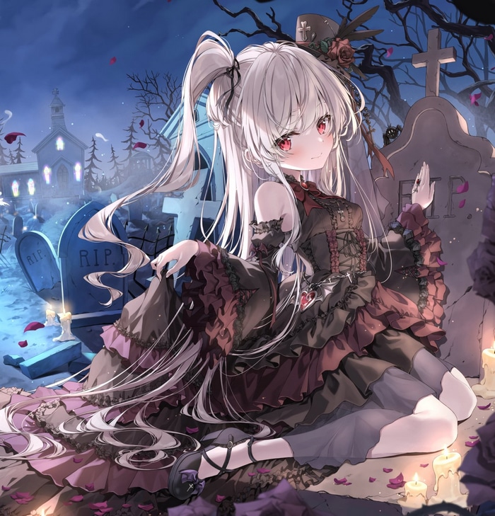 Gothic loli with red eyes in a graveyard