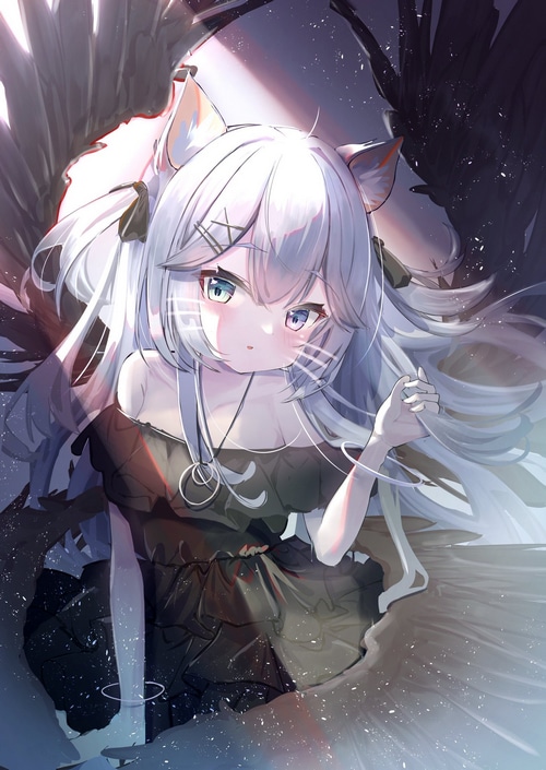 Anime girl with white hair and black wings
