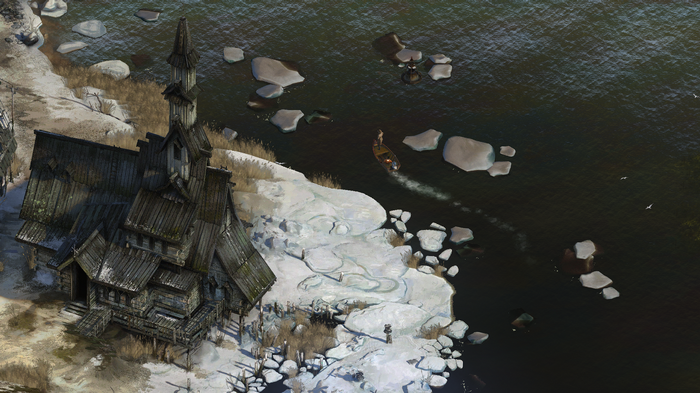 Disco Elysium: A boat travels on a dark river near a wooden church.
