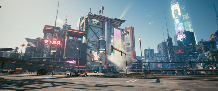 Cyberpunk 2077 cityscape with neon signs and skyscrapers