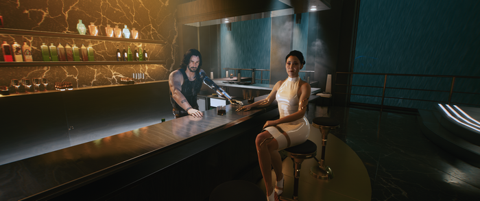 Cyberpunk 2077 bar scene with two characters