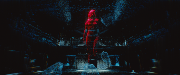 Cyberpunk 2077 character in a dark room