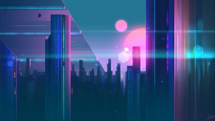 Cyberpunk cityscape with neon lights and refraction