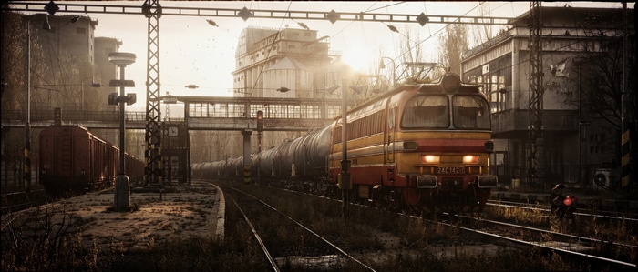 Locomotive and train at a railway station