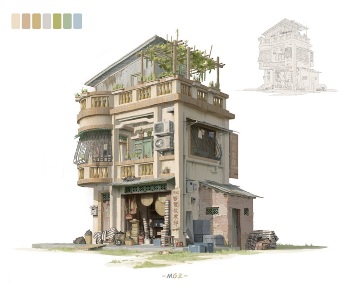 4K artwork of a traditional building with a shop