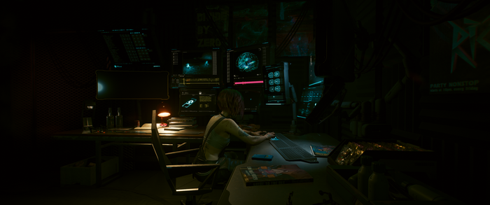 Judy Alvarez in a Cyberpunk 2077 hacker room