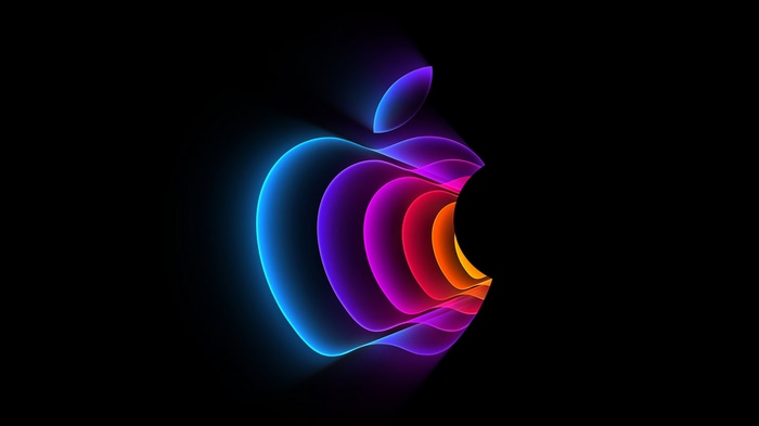 Apple logo with colorful light layers on black background