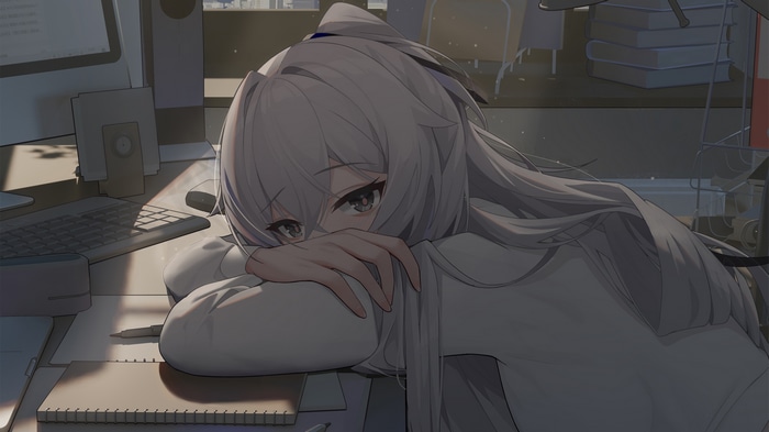 Bronya Zaychik from Honkai Impact 3rd in an office