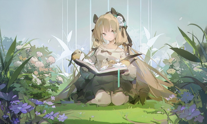 Anime girl with blonde hair reading a book with birds