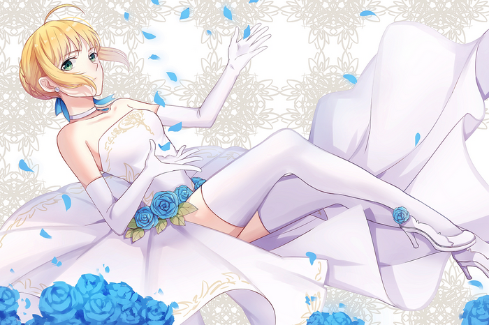 Saber Artoria Pendragon in a wedding dress with blue roses