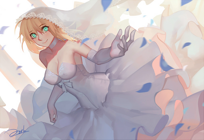 Saber in a wedding dress with petals