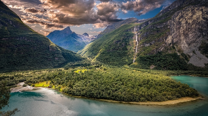 Valley with waterfalls and mountains