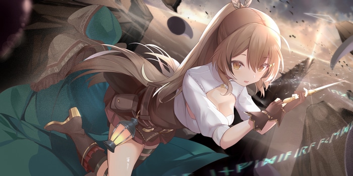 Nanashi Mumei from Hololive holding a dagger