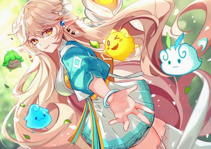 Anime girl with pointy ears and companions