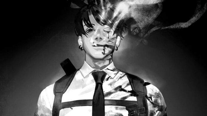 Chainsaw Man character smoking with smoke effects