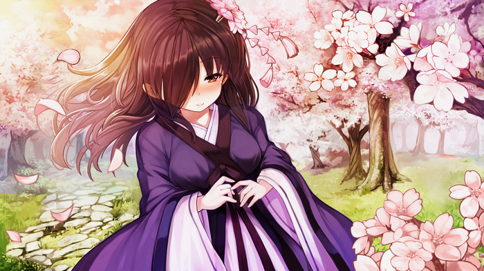 Anime girl in purple kimono under cherry blossoms