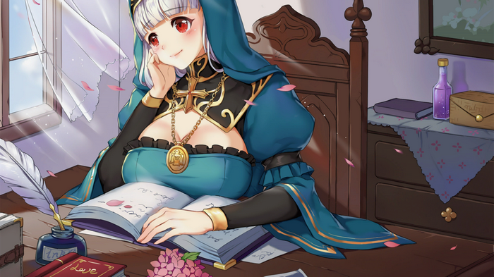 Girl writing in a book with a quill and ink