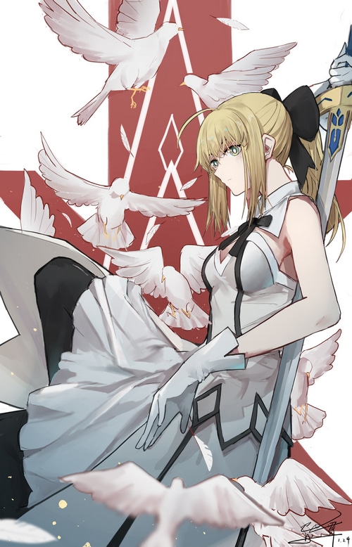 Saber Lily with white doves and sword