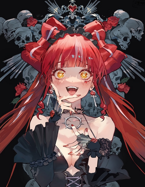 Anime girl with red hair and skull accessories