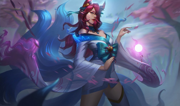 Ahri from League of Legends with fox ears and tails