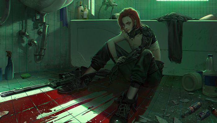 Cyberpunk character in a bloody bathroom