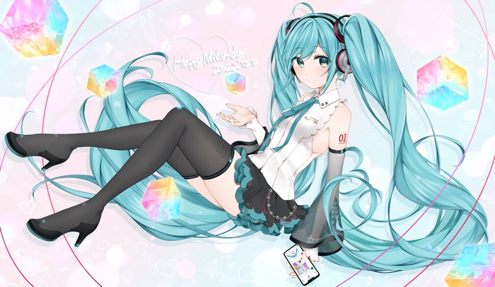 Hatsune Miku with Colorful Cubes and Smartphone