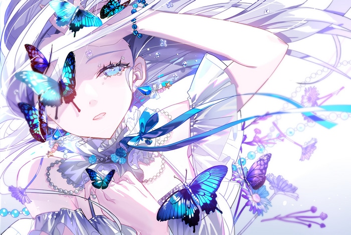 Anime girl with blue butterflies and tears