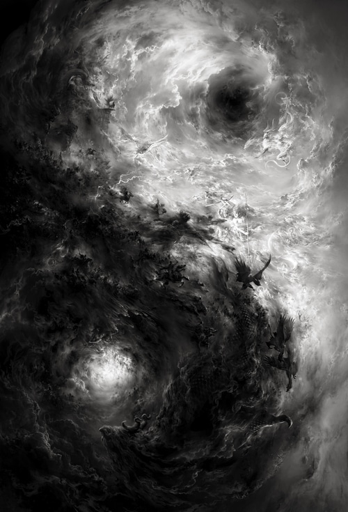 Yin and Yang monochrome storm with dragons