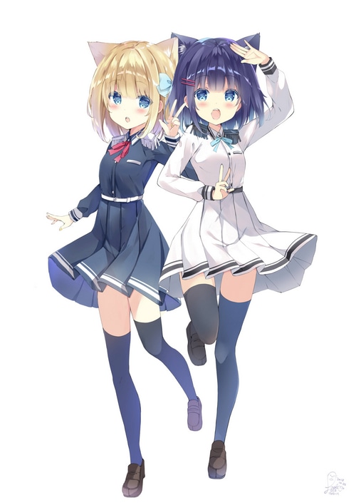 Two anime girls with cat ears in school uniforms