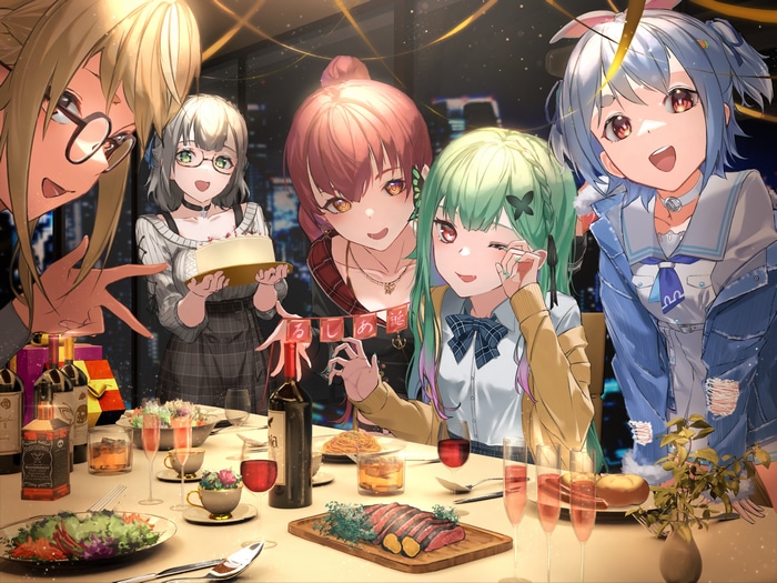 Hololive group celebrating with cake and food