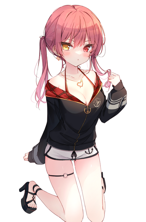 Houshou Marine kneeling with pigtails and heterochromia