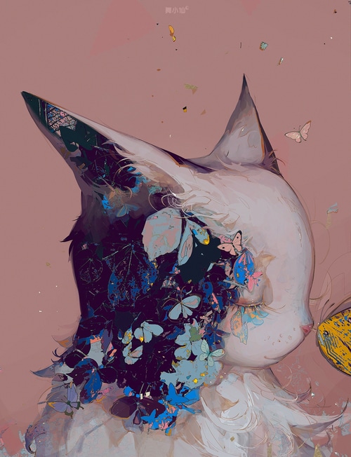 Cat with butterflies and floral elements