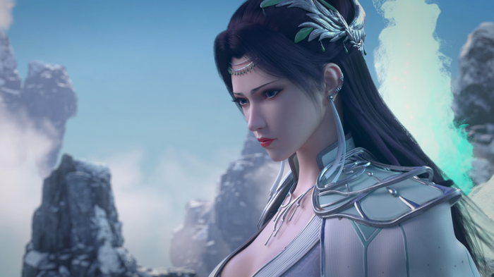 A woman with dark hair and ornate armor