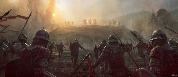 Medieval soldiers advance on a battlefield at sunrise