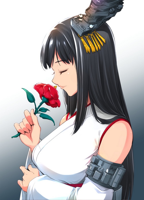 Kantai Collection fan art of Fusou smelling a red rose