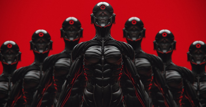Cyberpunk cyborgs with red eyes on a red background