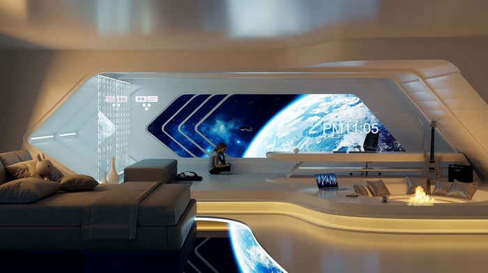 Futuristic bedroom with Earth view