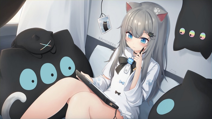 4K Cat girl Nacho Neko with black cat plushies
