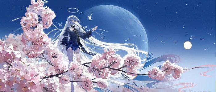 KuroEri with chains and cherry blossoms under a large moon