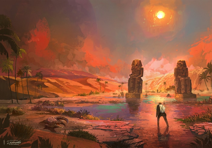 Fantasy desert oasis with ancient statues and a lone explorer