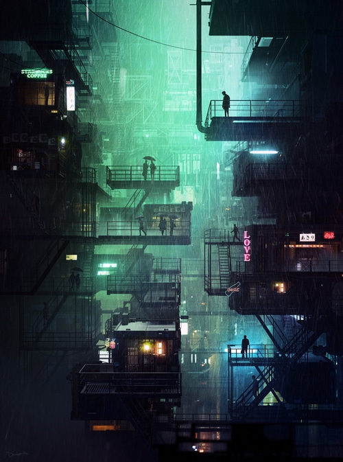 Cyberpunk city in the rain with neon lights