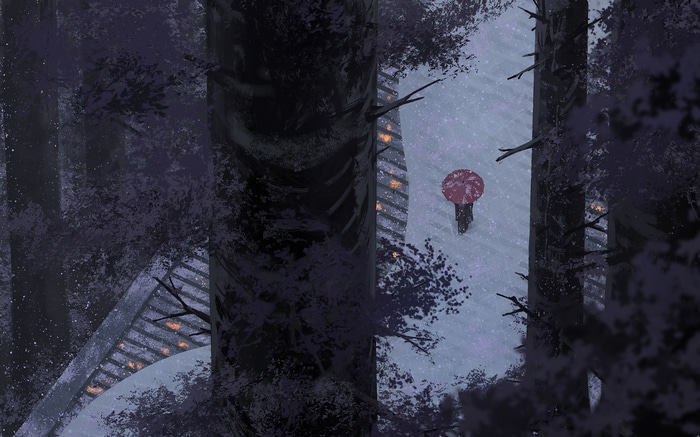 Person with red umbrella walking in snow