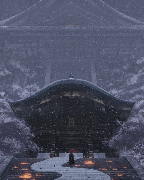 Digital painting of a person with an umbrella in the snow