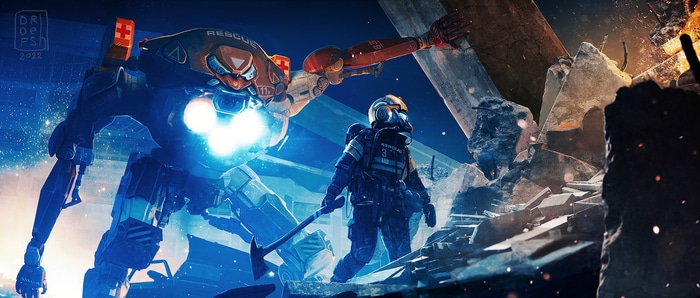 Giant rescue robot and firefighter in a destroyed city