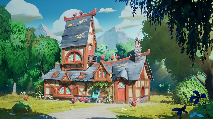Fantasy house in a forest with mountains in the background