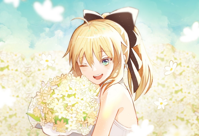 Saber Lily holding a bouquet of flowers in a field