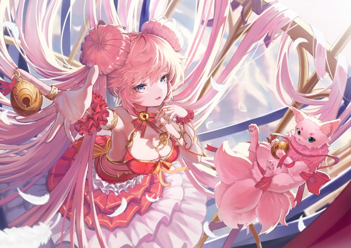4K artwork of a girl with pink hair and a fox creature