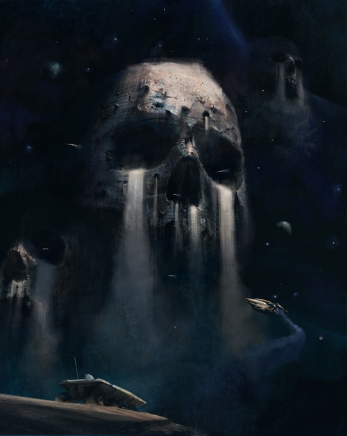 Giant skull in space with spaceships and a rover