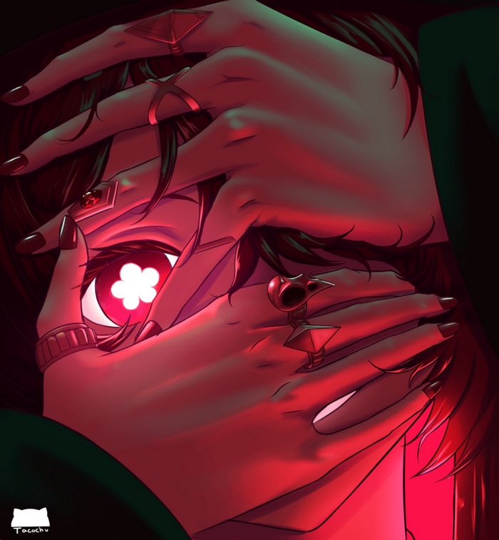 Hu Tao from Genshin Impact with red eyes