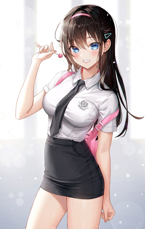 Anime schoolgirl with lollipop and pink backpack